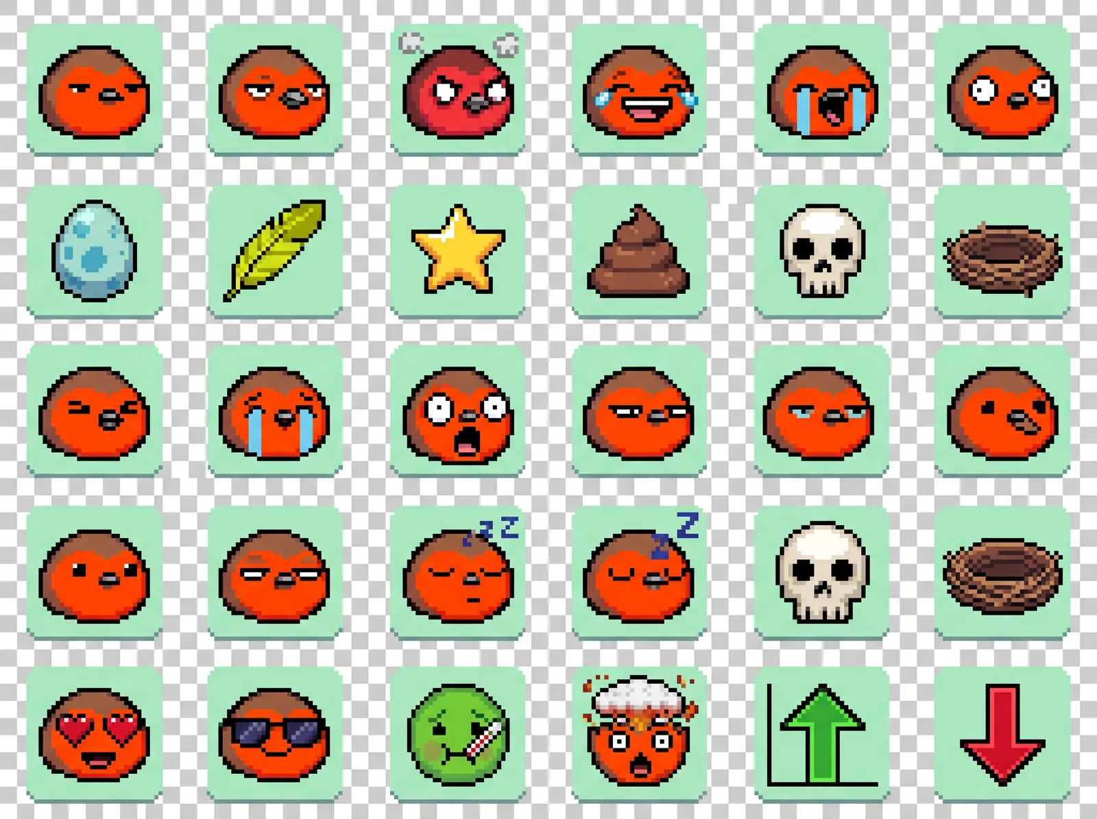 20 chat emoji: 12 robin faces and 8 objects