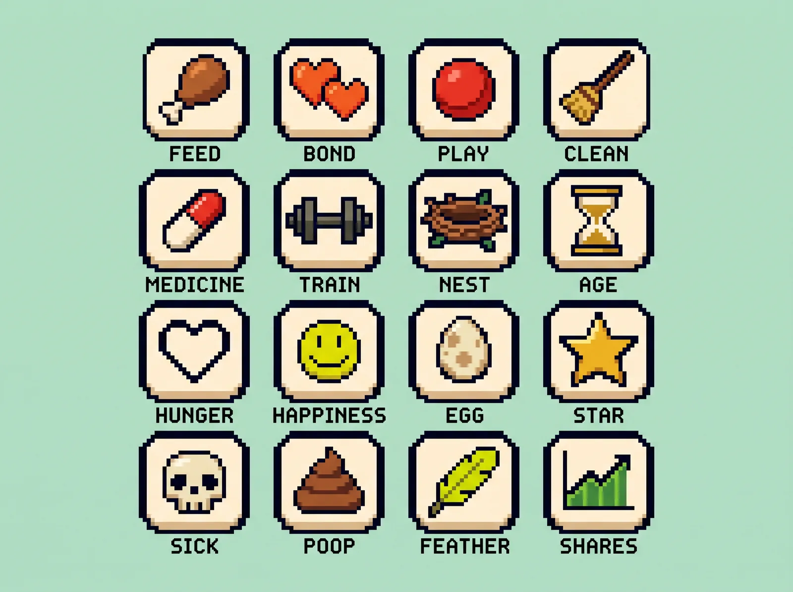 16 pixel icons: feed, bond, play, clean, medicine, train, nest, age, hunger, happiness, egg, star, sick, poop, feather, shares