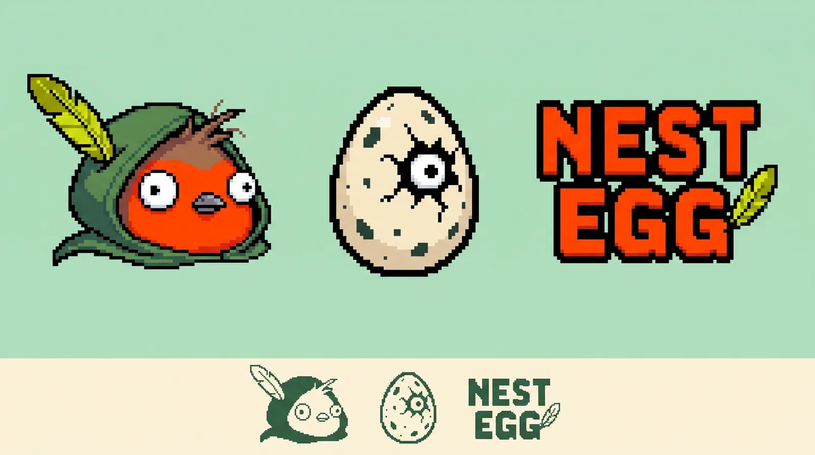 Logo system: robin head mark, egg-with-eye mark, NEST EGG wordmark, plus flat one-colour versions
