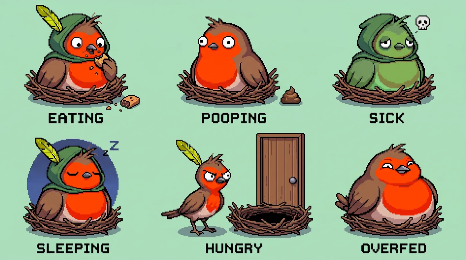 Six states: eating, pooping, sick, sleeping, hungry at the door, overfed