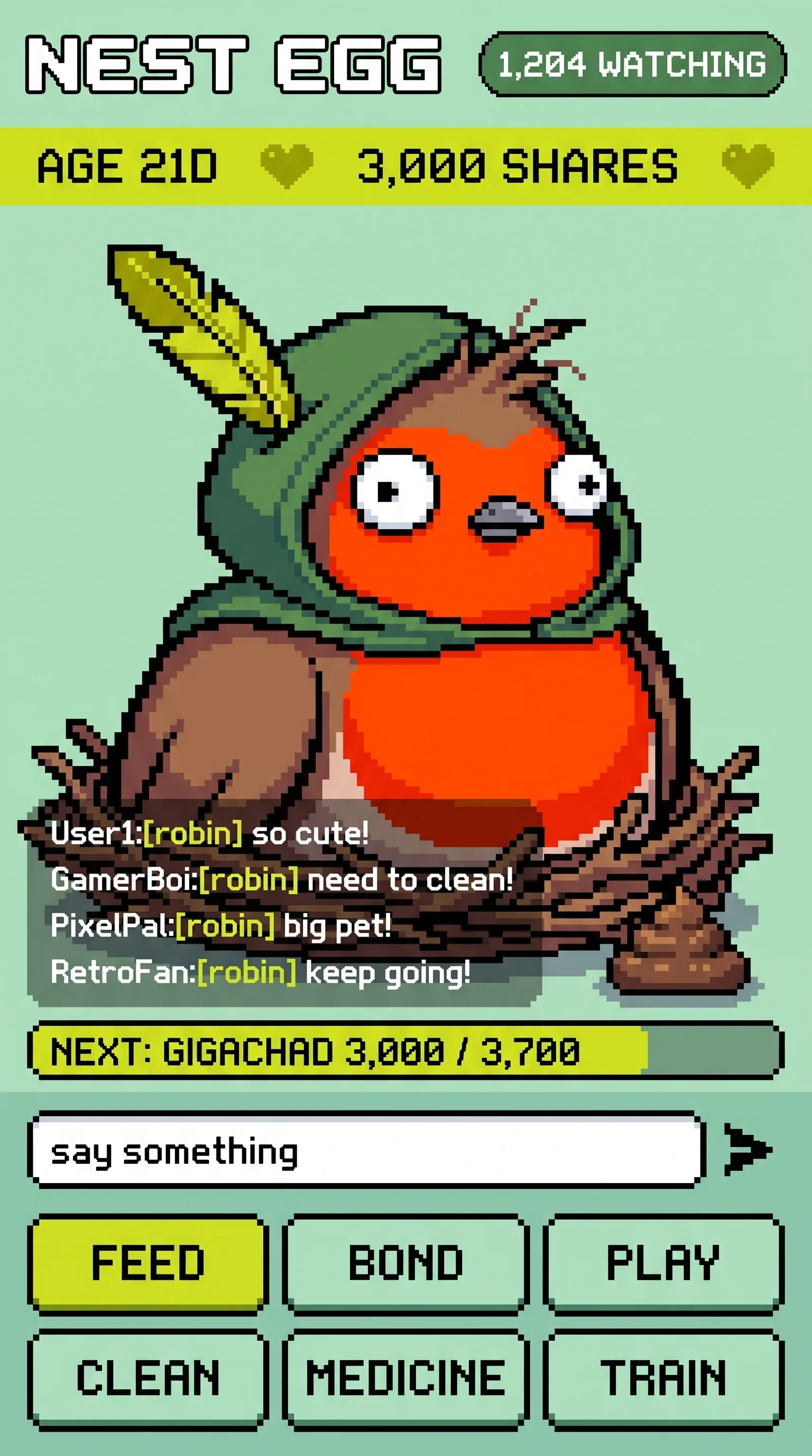 Variant G2: pocket pet, chat overlay